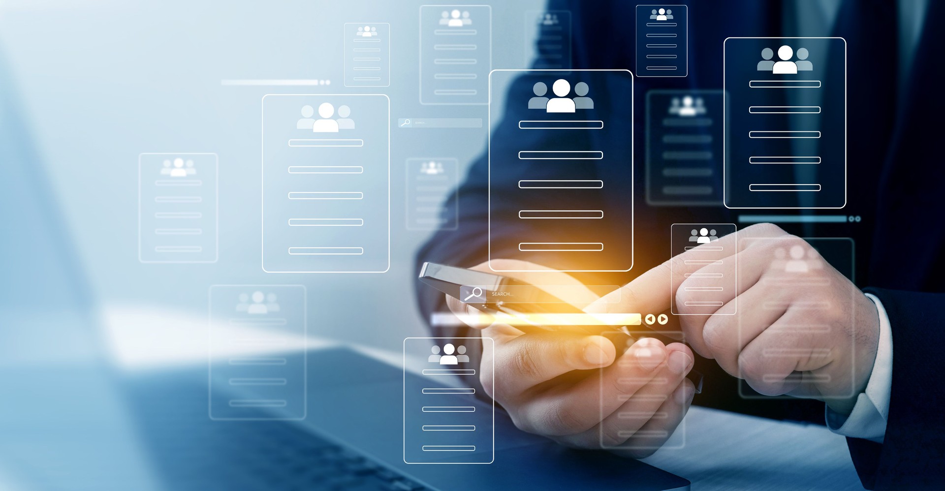 Online technology for simplifying human resources system management.Human resource manager checks CV online to choose perfect employee for his business work.